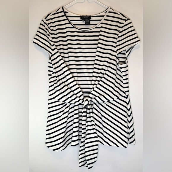 Papillon Black White Striped Blouse SS with Tie Knot Wrap Front Womens Sz XL - Picture 1 of 7